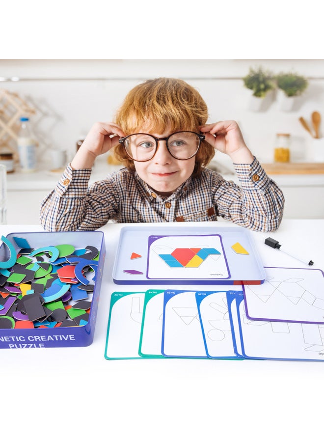 Wooden Magnetic Geometric Puzzle Iron Boxed Children's Early Education Educational Toys Puzzle Puzzle-Color:Iron Box Magnetic Geometric Puzzle - Image 4